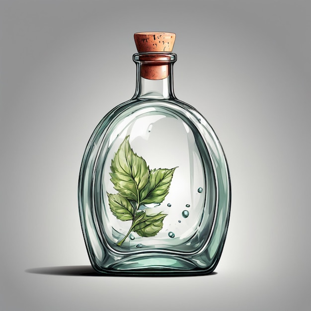 a bottle of water with a leaf on it