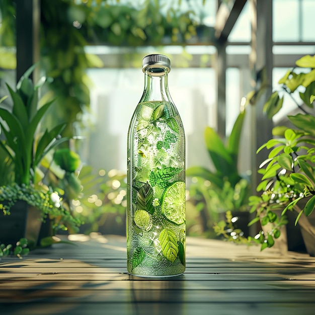 a bottle of water with a leafy green leaf on the top