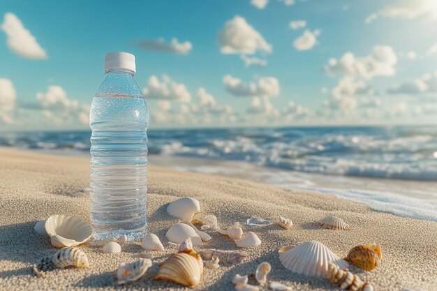 a bottle of water with shells and a white cap on it