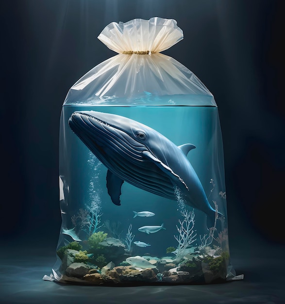 a bottle of water with a whale in it and a bag of fish in it