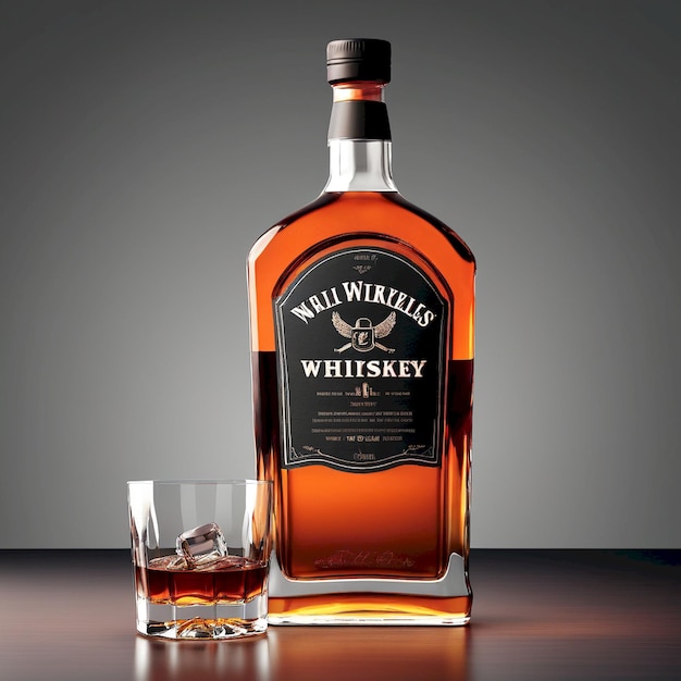 a bottle of whiskey next to a glass and a glass of whiskey