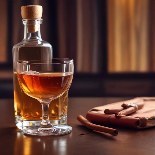 a bottle of whiskey next to a glass with a cigar and cigar