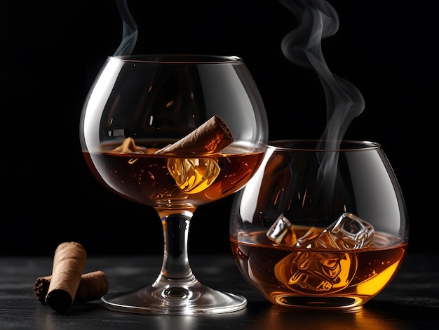 Photo a bottle of whiskey next to a glass with smoke coming out of it