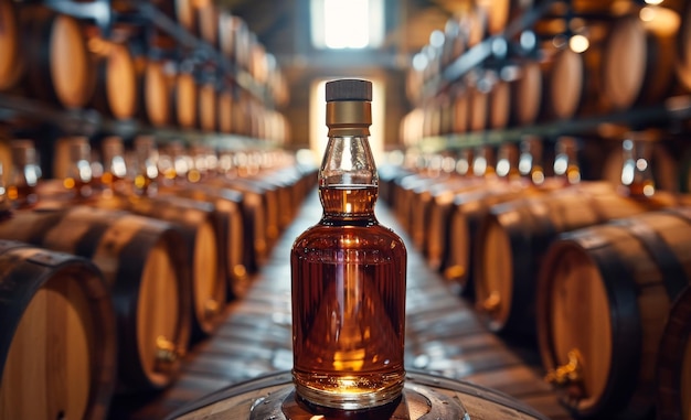 A bottle of whiskey is sitting on a wooden table in a room filled with barrels The bottle of whiskey is the focal point of the scene