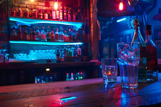 a bottle of whiskey sits on a bar counter with a bottle of whiskey behind it