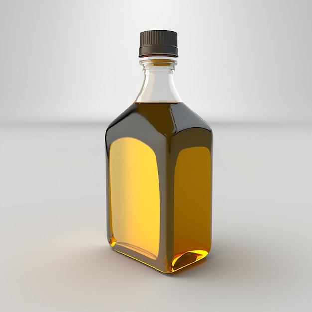 A bottle of whiskey with a black cap on the top.