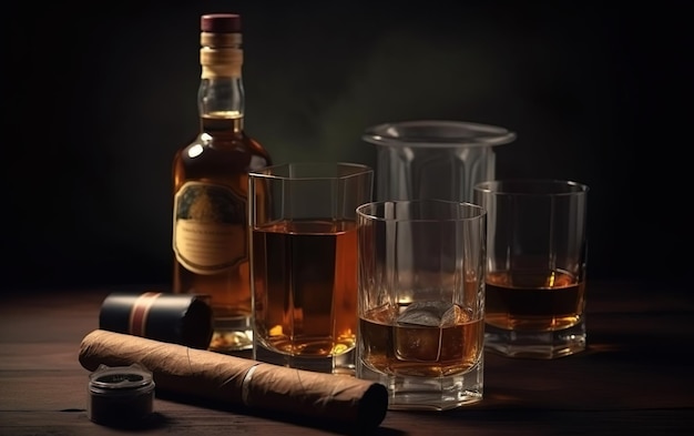 A bottle of whiskey with a cigar next to it