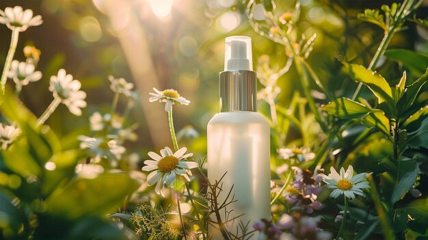 Photo a bottle of white liquid with the sun behind it