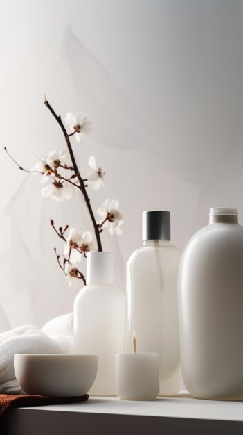 A bottle of white lotion with a branch of cherry blossoms on the background.