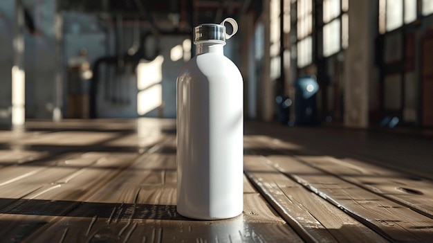 a bottle of white milk sits on a wooden table