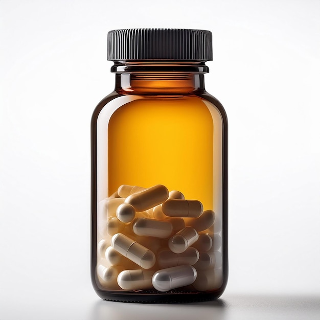 a bottle of white pills on white background