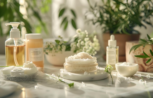 a bottle of white powder sits on a table next to a bottle of cream