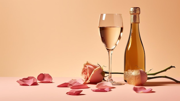 A bottle of white wine next to a glass and a bottle of rose petals.