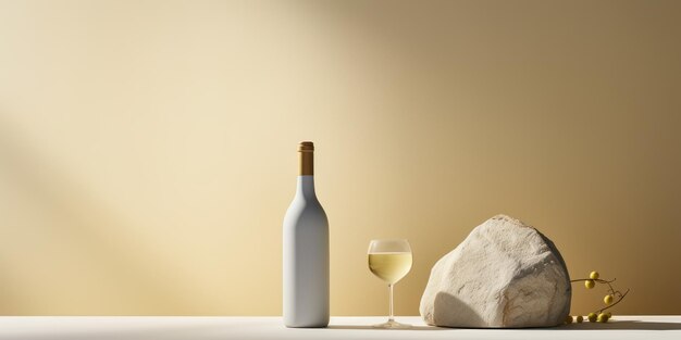 Bottle of white wine golden elegant white stone podium for product minimalism background