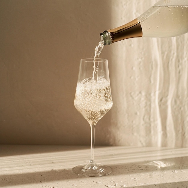 a bottle of white wine is poured into a glass