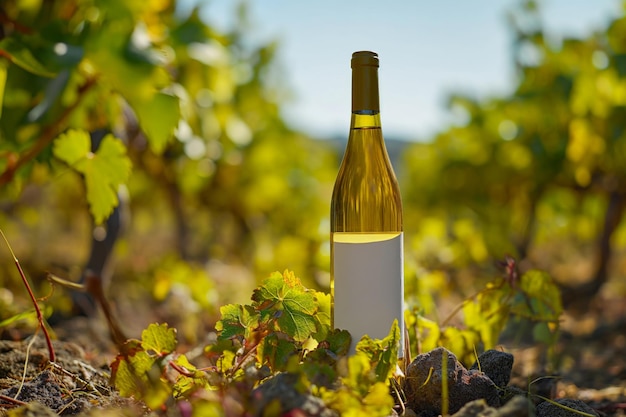 A bottle of white wine standing on the ground against the background of a vineyard in sunlight