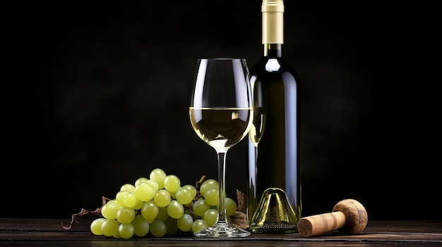 A bottle of white wine with glasses and grape leaves