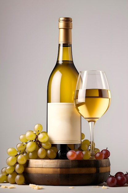 a bottle of white wine with grapes and cheese around it on top of a barrel with a white