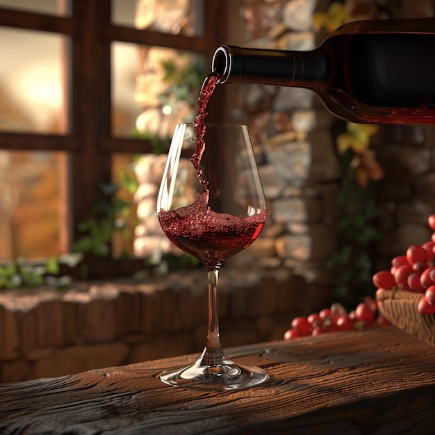 a bottle of wine being poured into a glass with a basket of cherries in the background