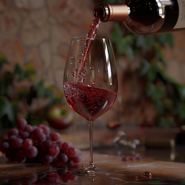 a bottle of wine being poured into a glass with grapes in the background