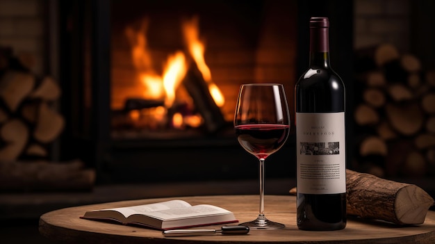 A bottle of wine and a book on a wood burner