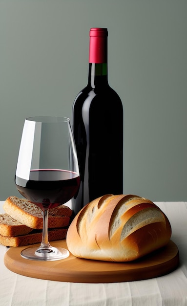 A bottle of wine and bread are on a table with a glass of wine.