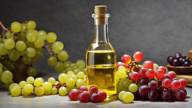 a bottle of wine next to a bunch of grapes and grapes