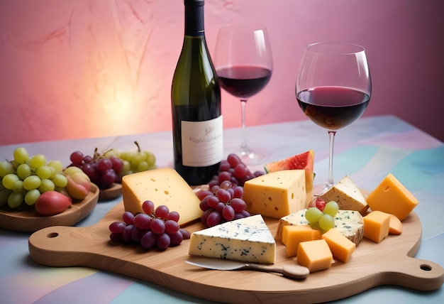 a bottle of wine and cheese and a bottle of wine on a cutting board