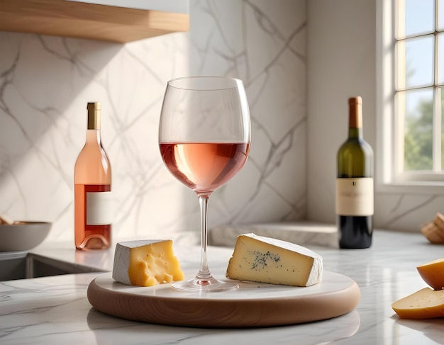 a bottle of wine and cheese and a bottle of wine on a tray