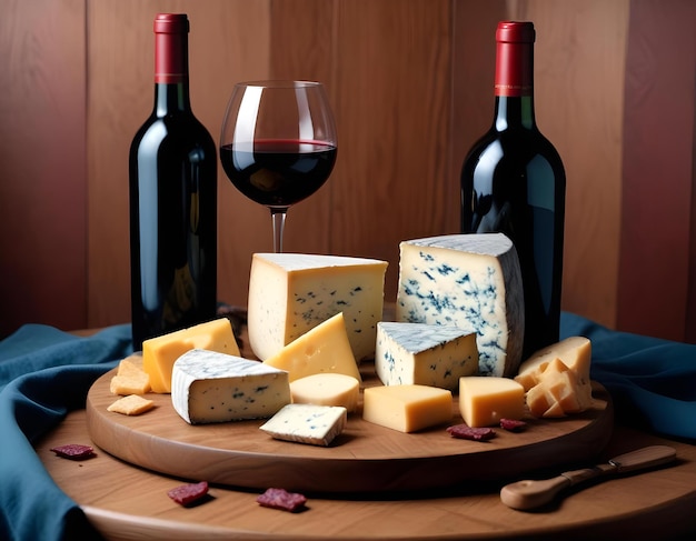 a bottle of wine and cheese and a glass of wine