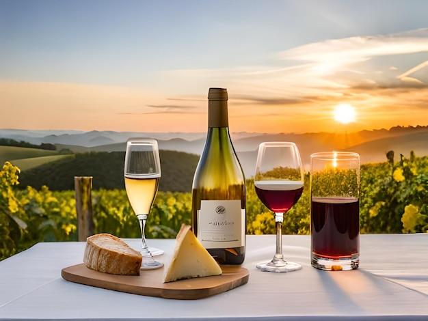 A bottle of wine and cheese sit on a table with a sunset in the background.