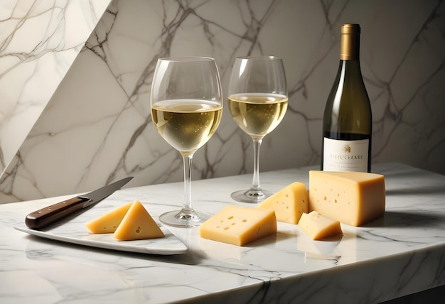 a bottle of wine and cheese and two glasses of wine on a table