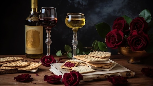 A bottle of wine and crackers are on a table with red roses.