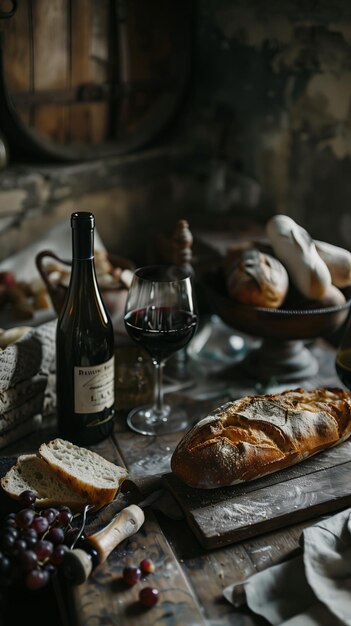 A bottle of wine a glass and fresh bread on the table A red wine tasting High resolution