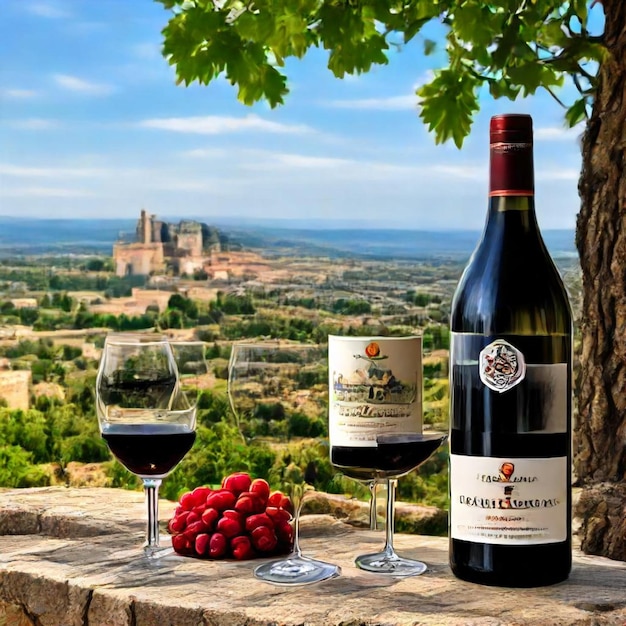 Photo a bottle of wine and a glass of wine are on a stone ledge