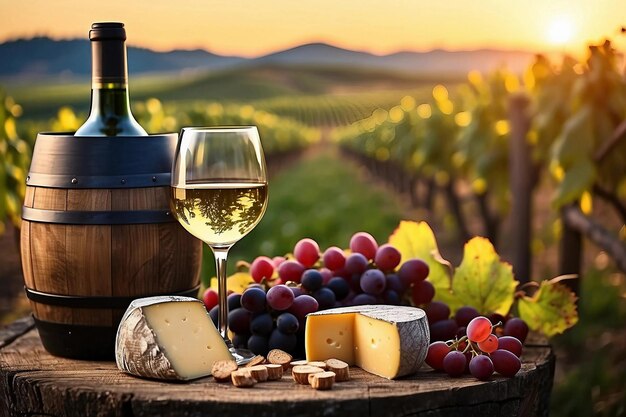 Bottle of wine glass of wine assorted cheese and grapes in vineyard at sunsetGenerative AI