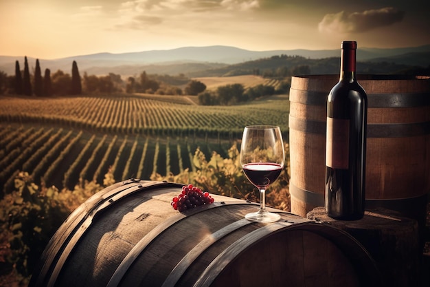 A bottle of wine and a glass of wine on a barrel.