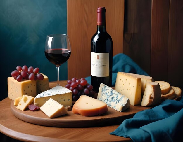 a bottle of wine and a glass of wine on a tray with a bottle of wine and cheese