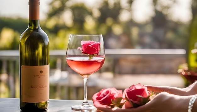 a bottle of wine next to a glass of wine with a rose in it