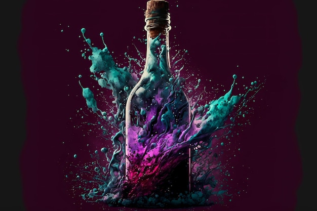 Bottle of wine ink explode as opening excitement celebration winery concept as splash liquid booze