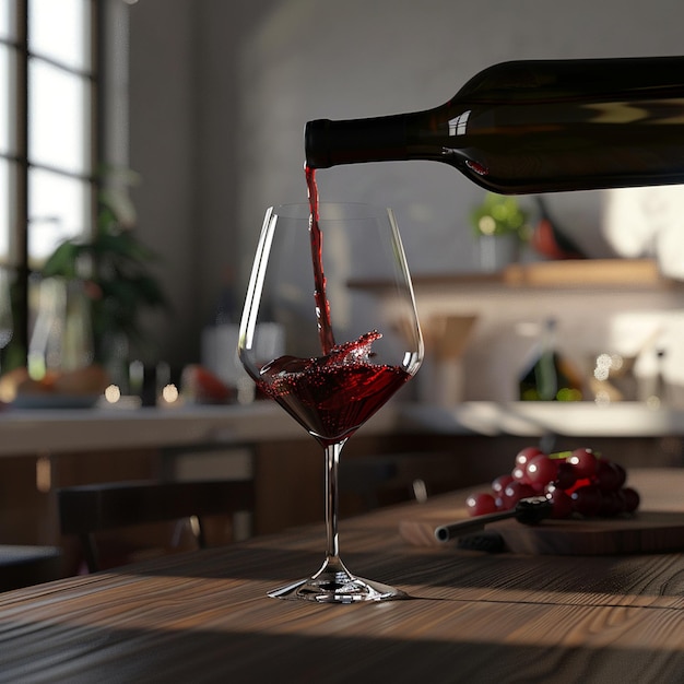 a bottle of wine is pouring into a glass with a red wine in it