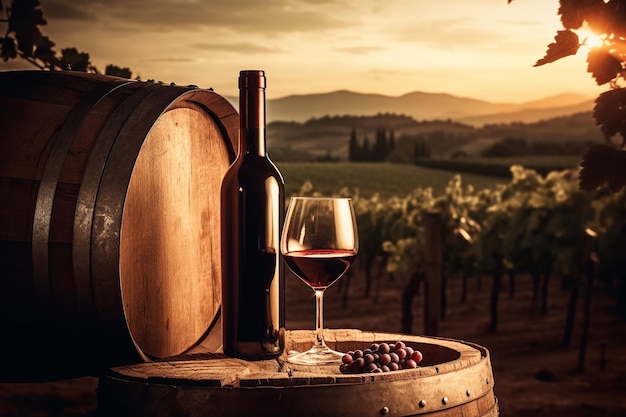 A bottle of wine sits on a barrel next to a glass of wine.