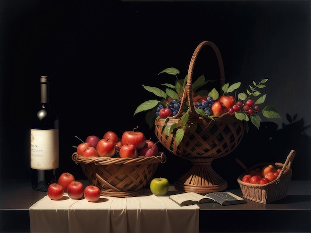 A bottle of wine sits next to a basket of fruit and a bottle of wine.