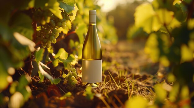 a bottle of wine sits in a field of vines