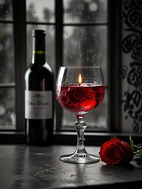 a bottle of wine next to a wine glass with a rose in it