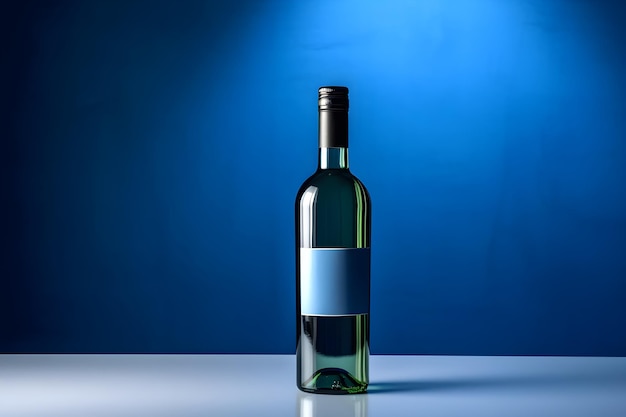 A bottle of wine with a blue label that says'wine'on it