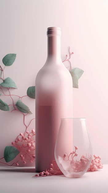 A bottle of wine with a glass and a flower on the bottom