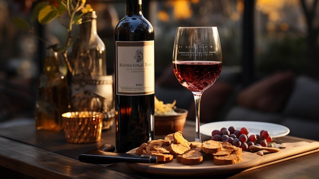 a bottle of wine with a glass of wine on table