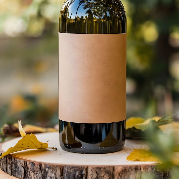 a bottle of wine with a leaf on the top of it