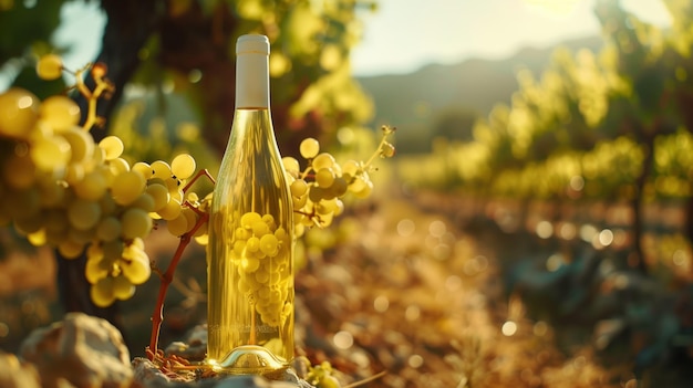 a bottle of wine with the sun shining through the leaves